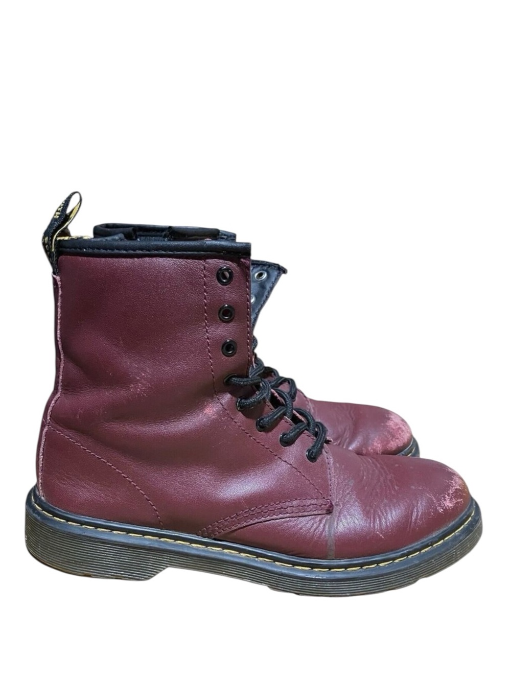 DOC MARTENS Womens 7 Vegan Leather Cherry Red, *Worn And Scuffed* Distressed M 6
